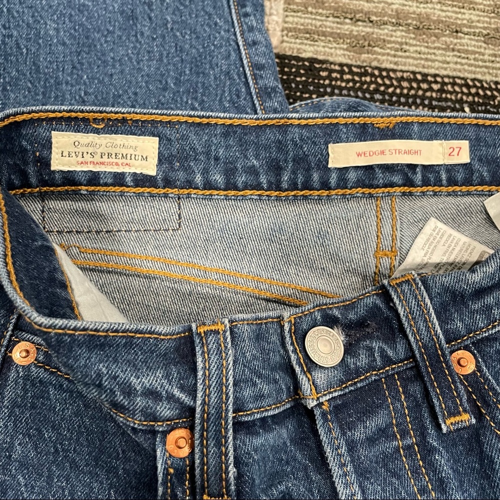 Levi’s Premium Wedgie Straight Jeans Blue Raw Hem Button Fly Sz 27 Dark Wash - Picture 11 of 13